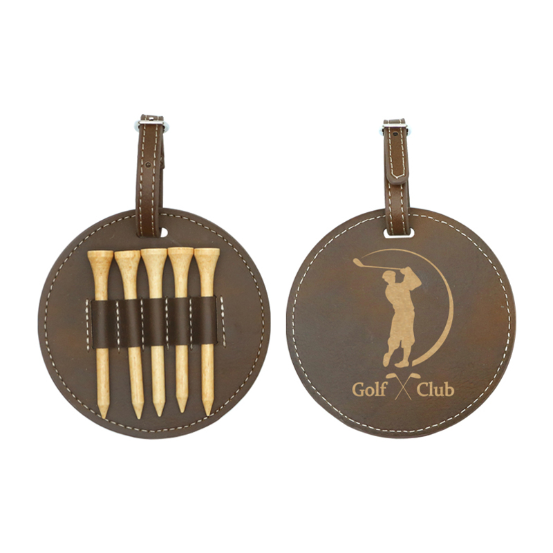 Tag Tas Golf Bulat Kulit Buatan Laser dengan 5 Tee Kayu