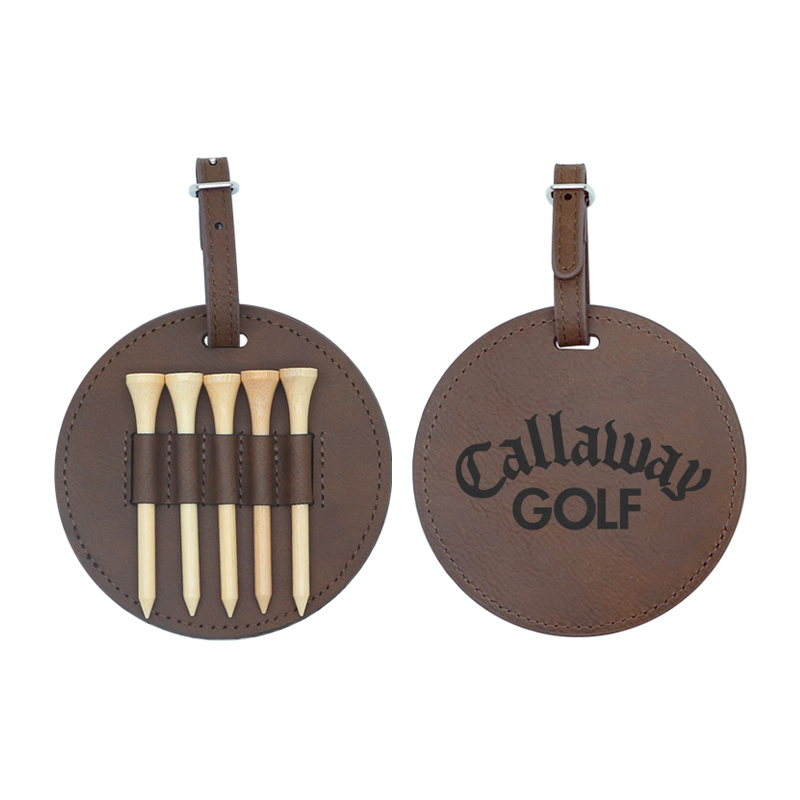Tag Tas Golf Bulat Kulit Buatan Laser dengan 5 Tee Kayu