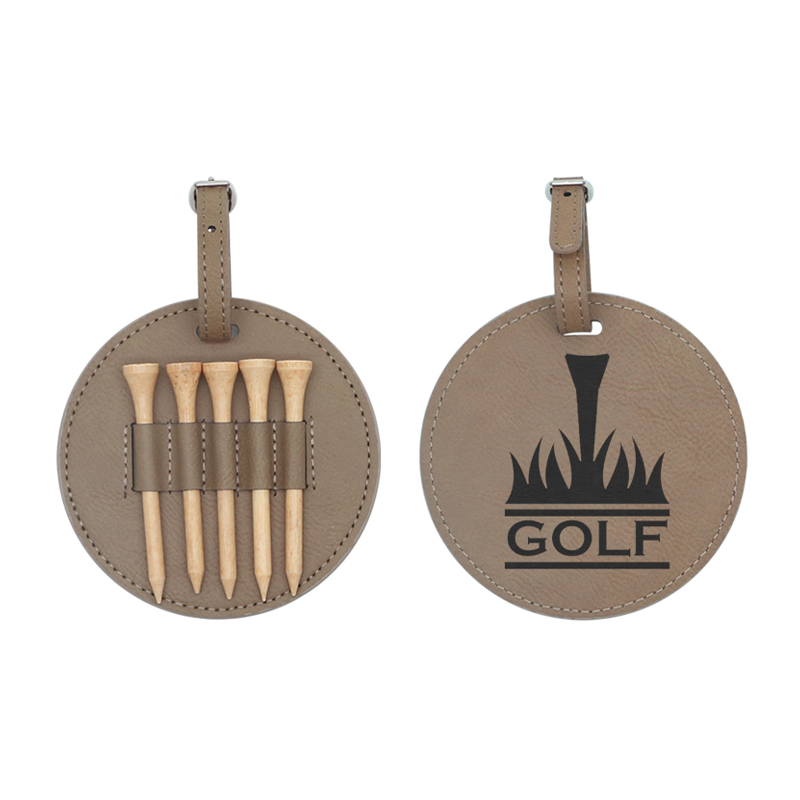 Tag Tas Golf Bulat Kulit Buatan Laser dengan 5 Tee Kayu