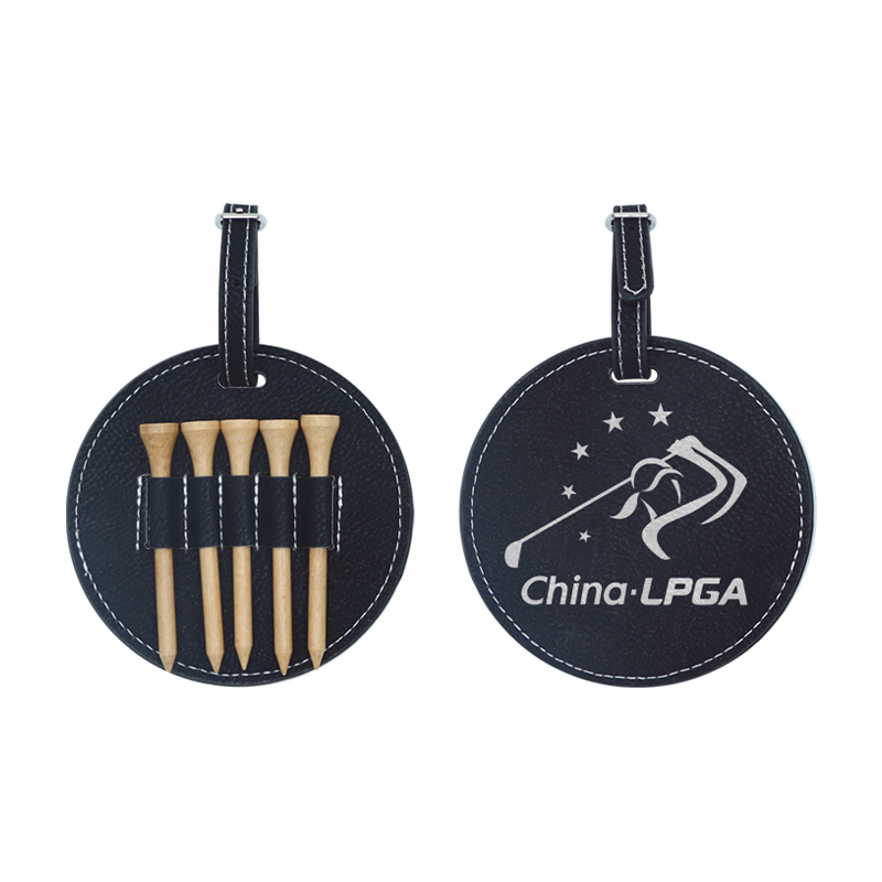 Tag Tas Golf Bulat Kulit Buatan Laser dengan 5 Tee Kayu