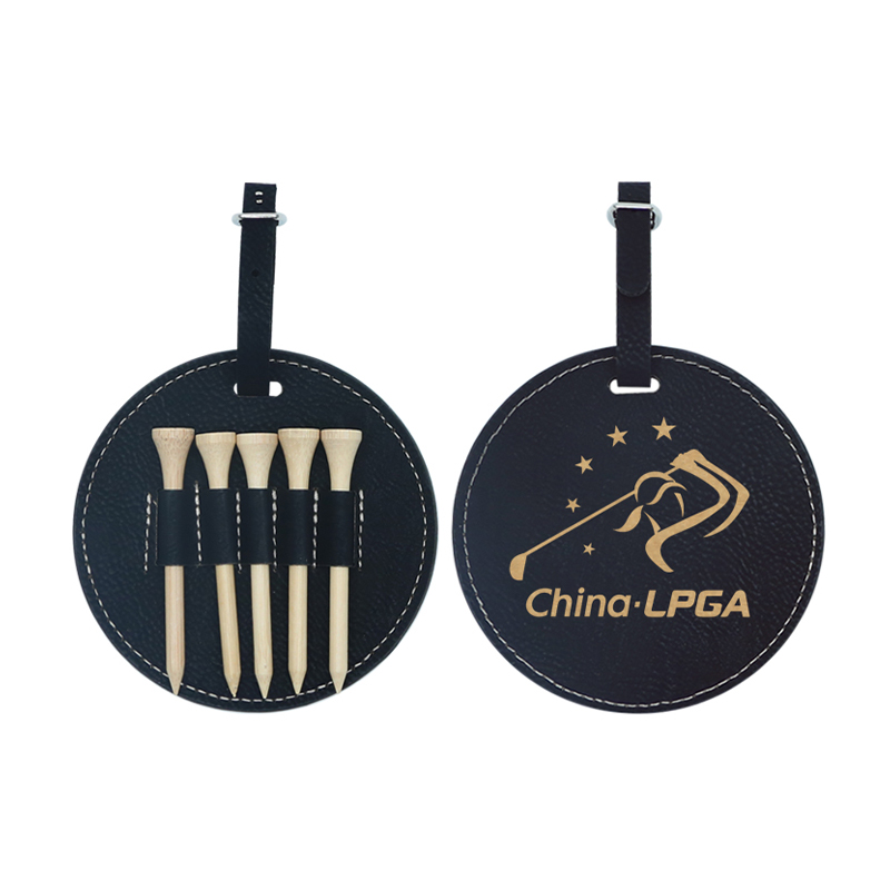 Tag Tas Golf Bulat Kulit Buatan Laser dengan 5 Tee Kayu