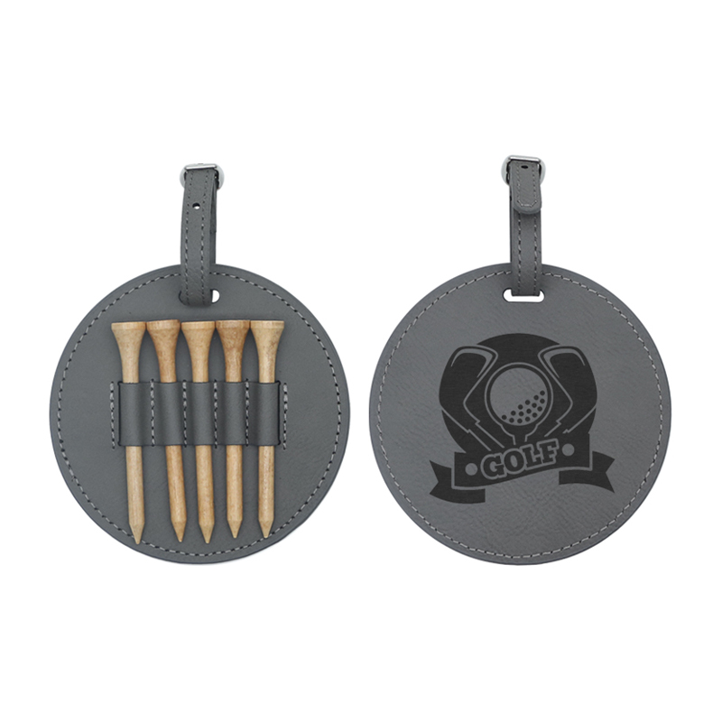 Tag Tas Golf Bulat Kulit Buatan Laser dengan 5 Tee Kayu