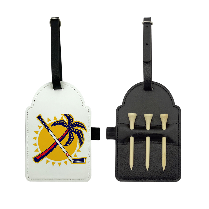 Tag Tas Golf Kulit Buatan Sublimasi dengan 3 Tee Kayu Tag Tas Golf Kulit Buatan Sublimasi dengan 3 Tee Kayu
