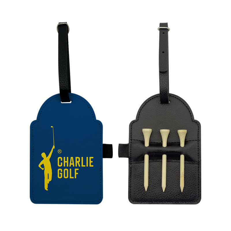 Tag Tas Golf Kulit Buatan Sublimasi dengan 3 Tee Kayu Tag Tas Golf Kulit Buatan Sublimasi dengan 3 Tee Kayu